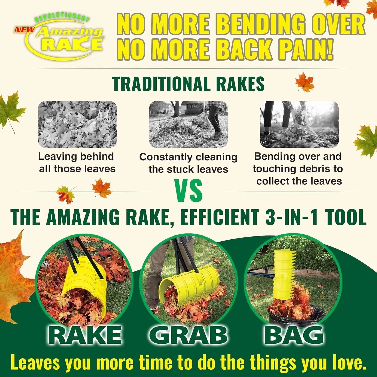 Lightweight Leaf Rake Green 3-in-1 Scoop & Grab - Unbreakable PP