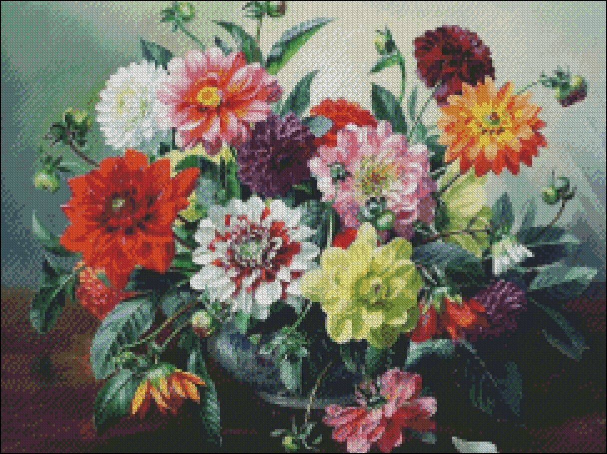 Dahlias - Counted Cross Stitch Patterns - Color & BW Symbols