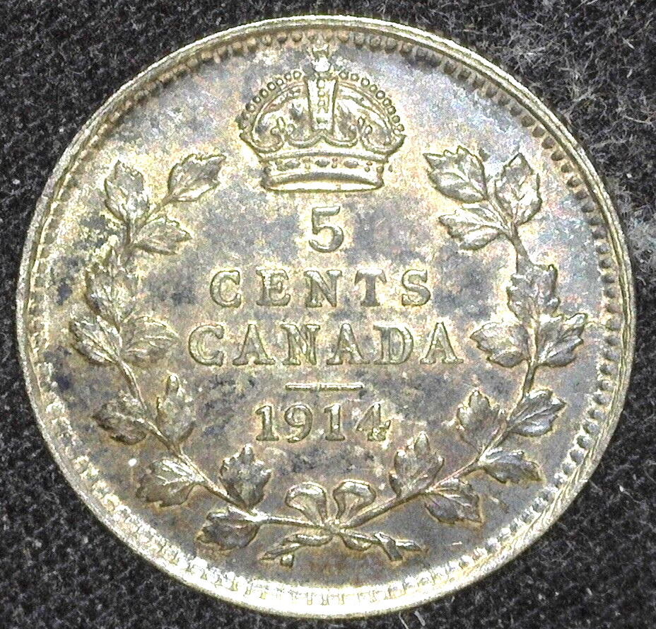 CANADA 1914 5 CENTS SILVER KM22 ABOUT UNCIRCULATED ~FCS-284