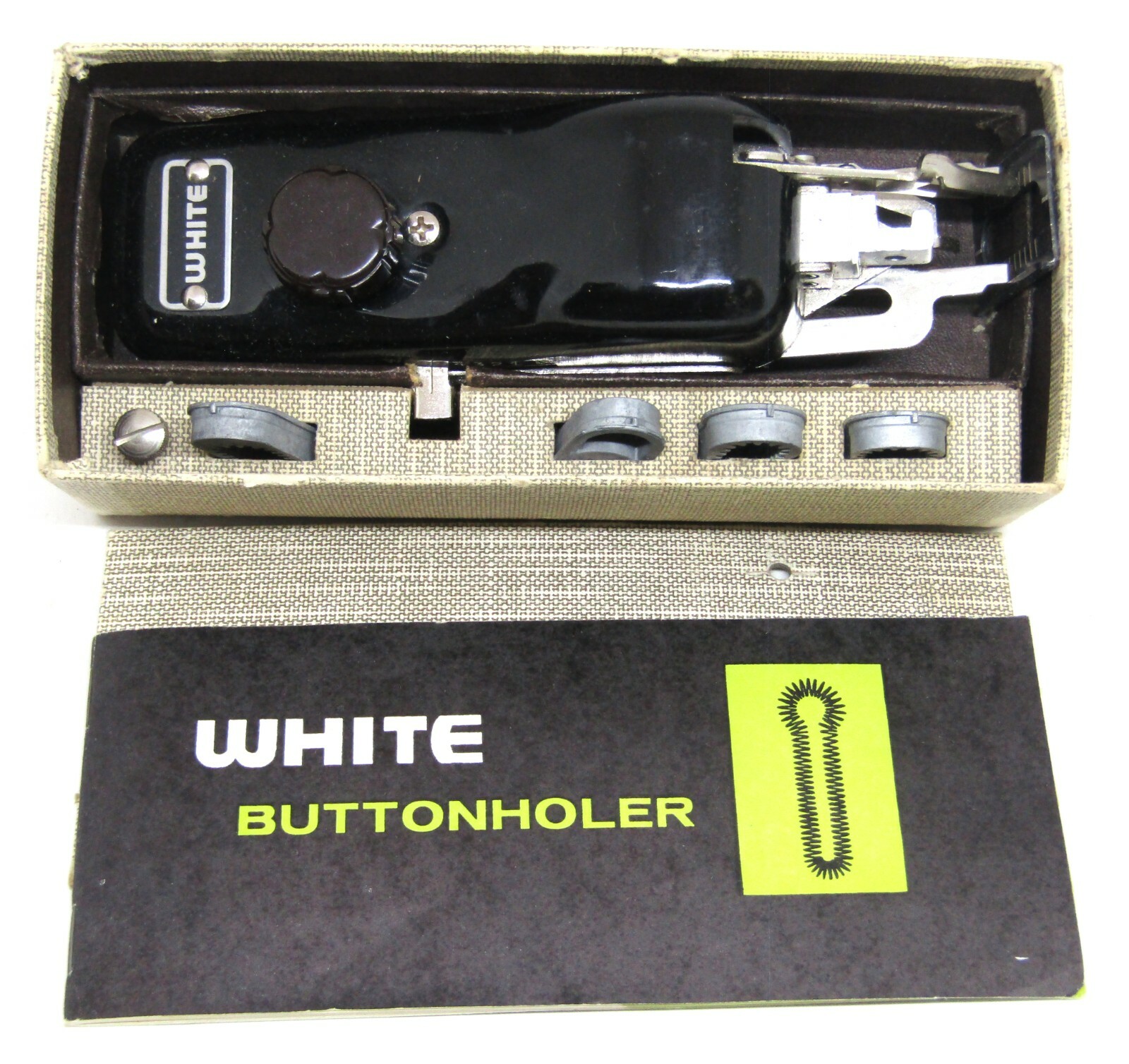 Vintage 1940's/1950's WHITE Greist Zig Zag Buttonholer in Original Box.