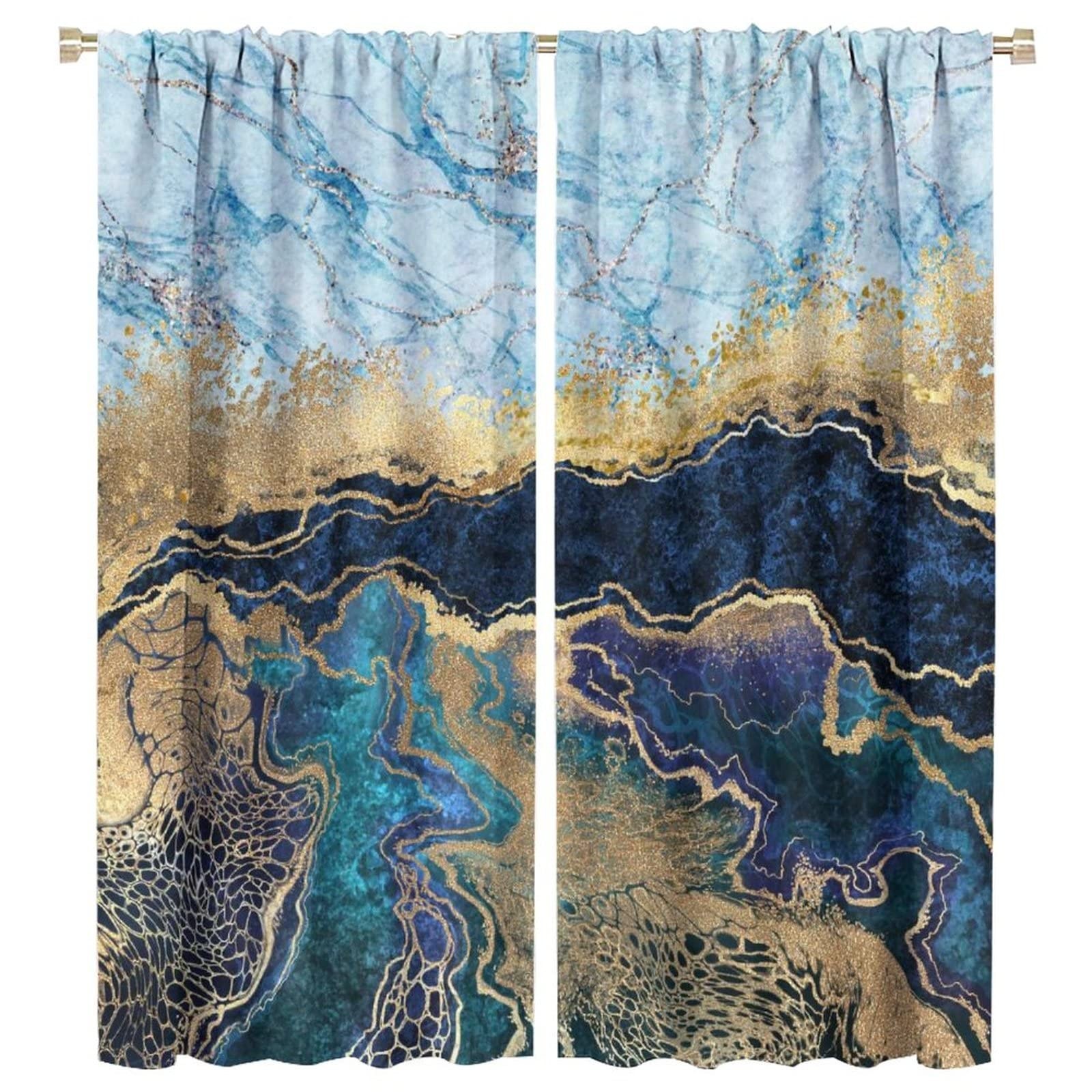 NO Abstract Marble Curtains White Gold Stripe Marble Father's Day Blackout Wi...