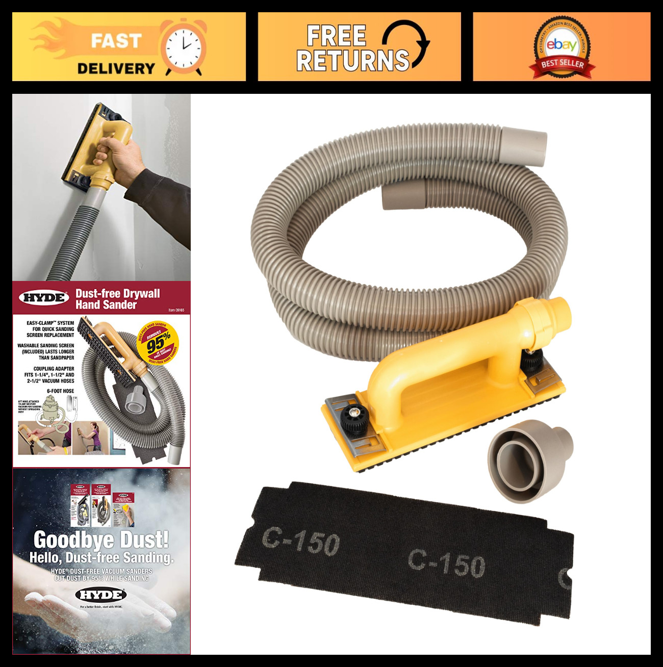 Dust-Free Drywall Vacuum Hand Sander with 6-Foot Hose - Professional Finishing T
