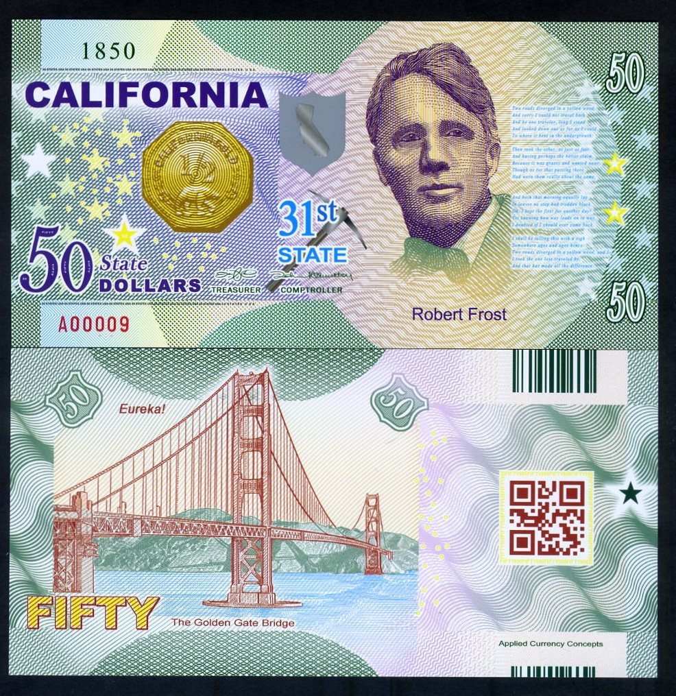 USA States, California, $50, Polymer, ND (2017), Robert Frost F