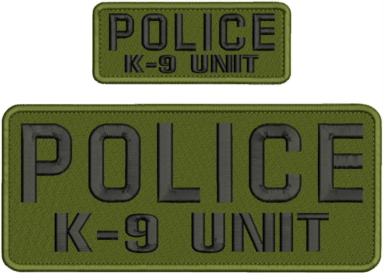 POLICE K-9 UNIT EMBROIDERY PATCH 4X10 AND 2X5 HOOK ON BACK BLACK on Od green
