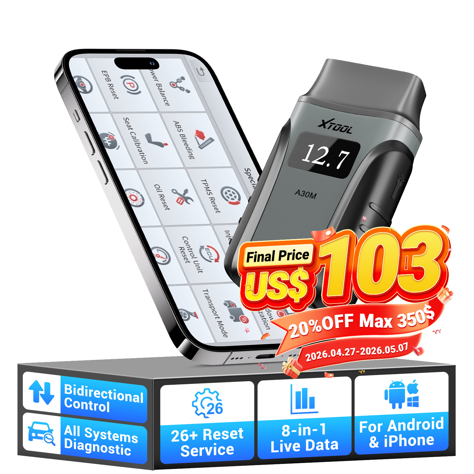 XTOOL A30M V2.0 Bidirectional OBD2 Scanner All System Diagnostic Tool 26+ Resets