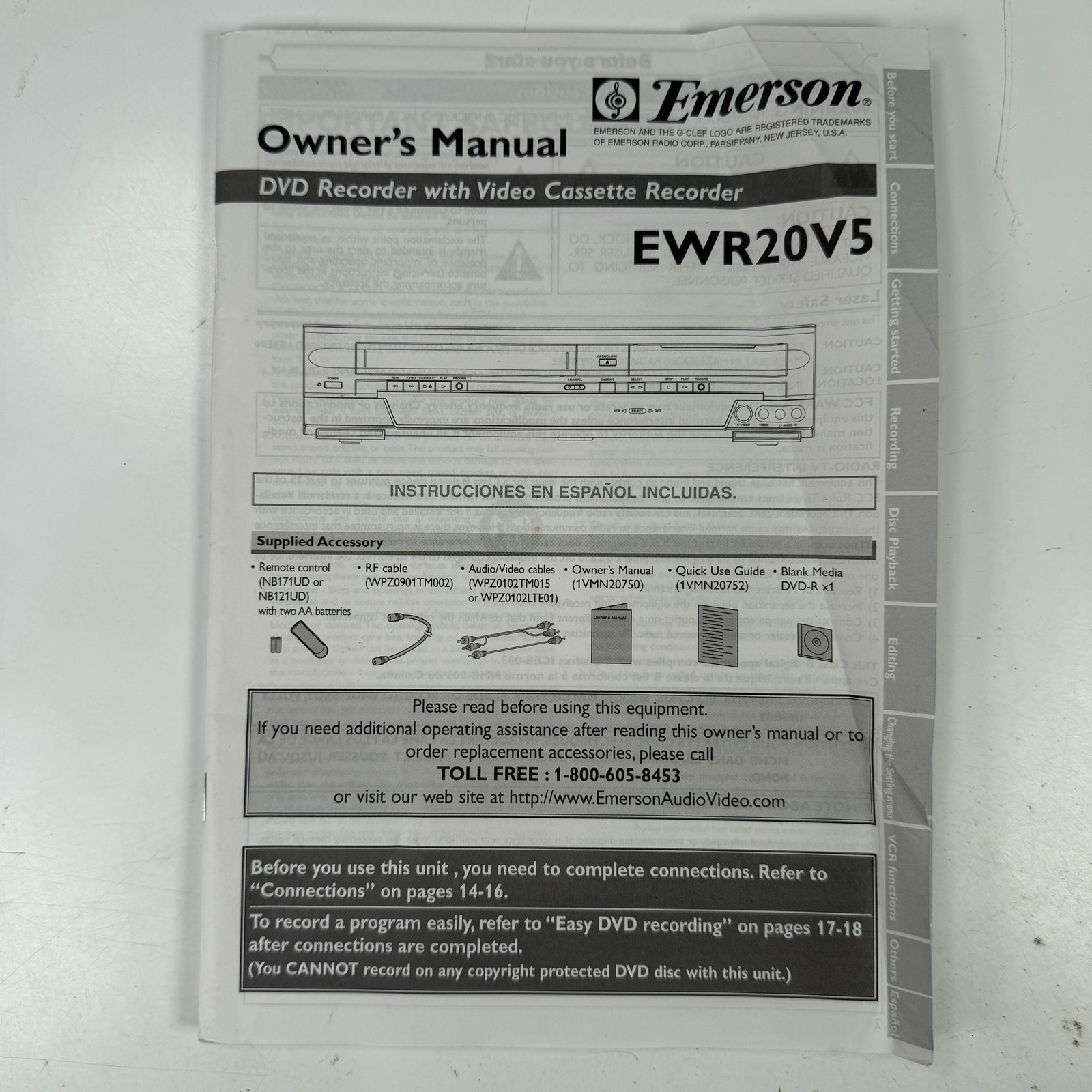 Emerson EWR20V5 DVD Recorder VCR Combo Owner's Manual English Spanish Guide