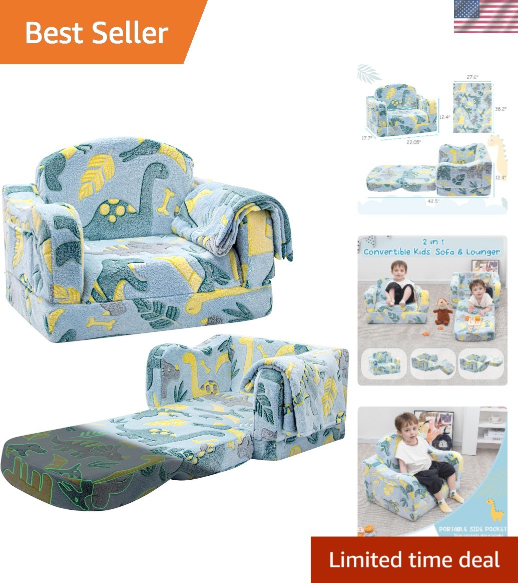 Kids Toddler Couch Chair Plush Fold Out Sofa with Blanket Glow Dinosaur