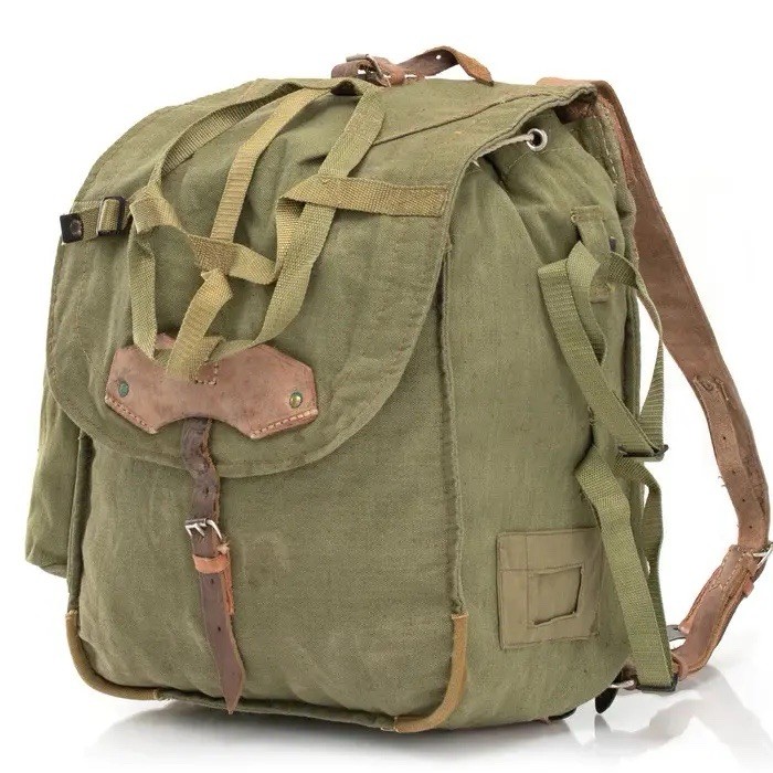 Vintage Romanian Army Canvas Backpack W Leather Shoulder Straps 18" x 13" x 5