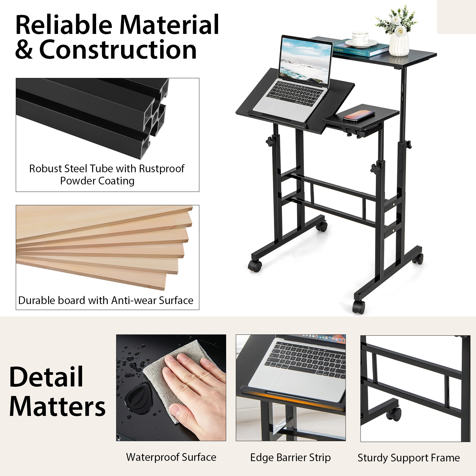 Costwy Adjustable Computer Desk Tilting Workstation Mobile Stand up Desk Black