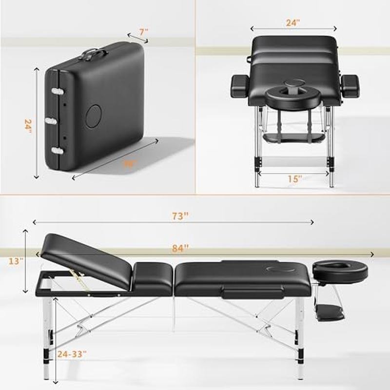 Massage Table Portable 84" 3 Sections Reclining Massage Bed Lash Bed Spa Bed