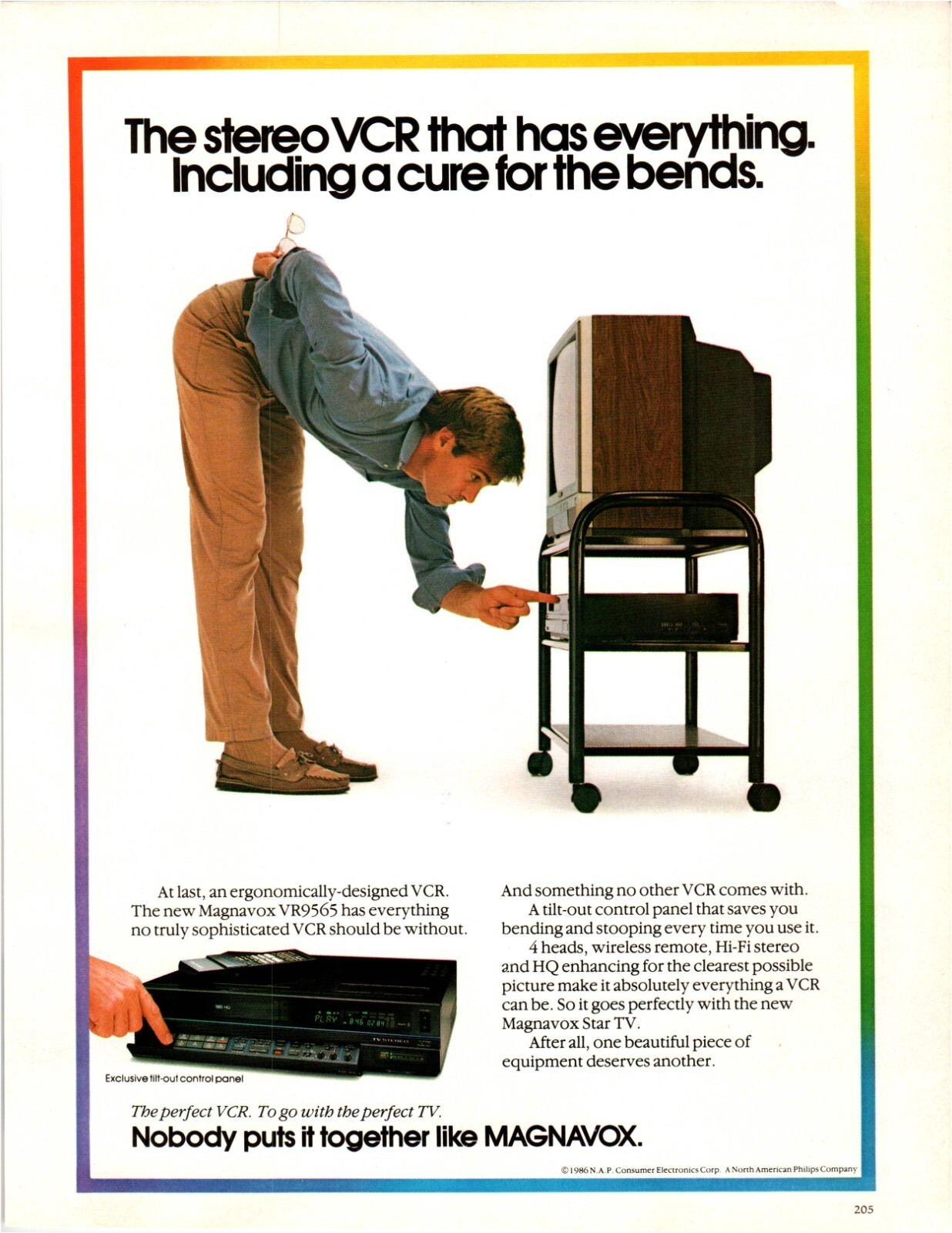 1986 Magnavox Stereo VCR Print Ad TV Man bent adjusting VCR and TV