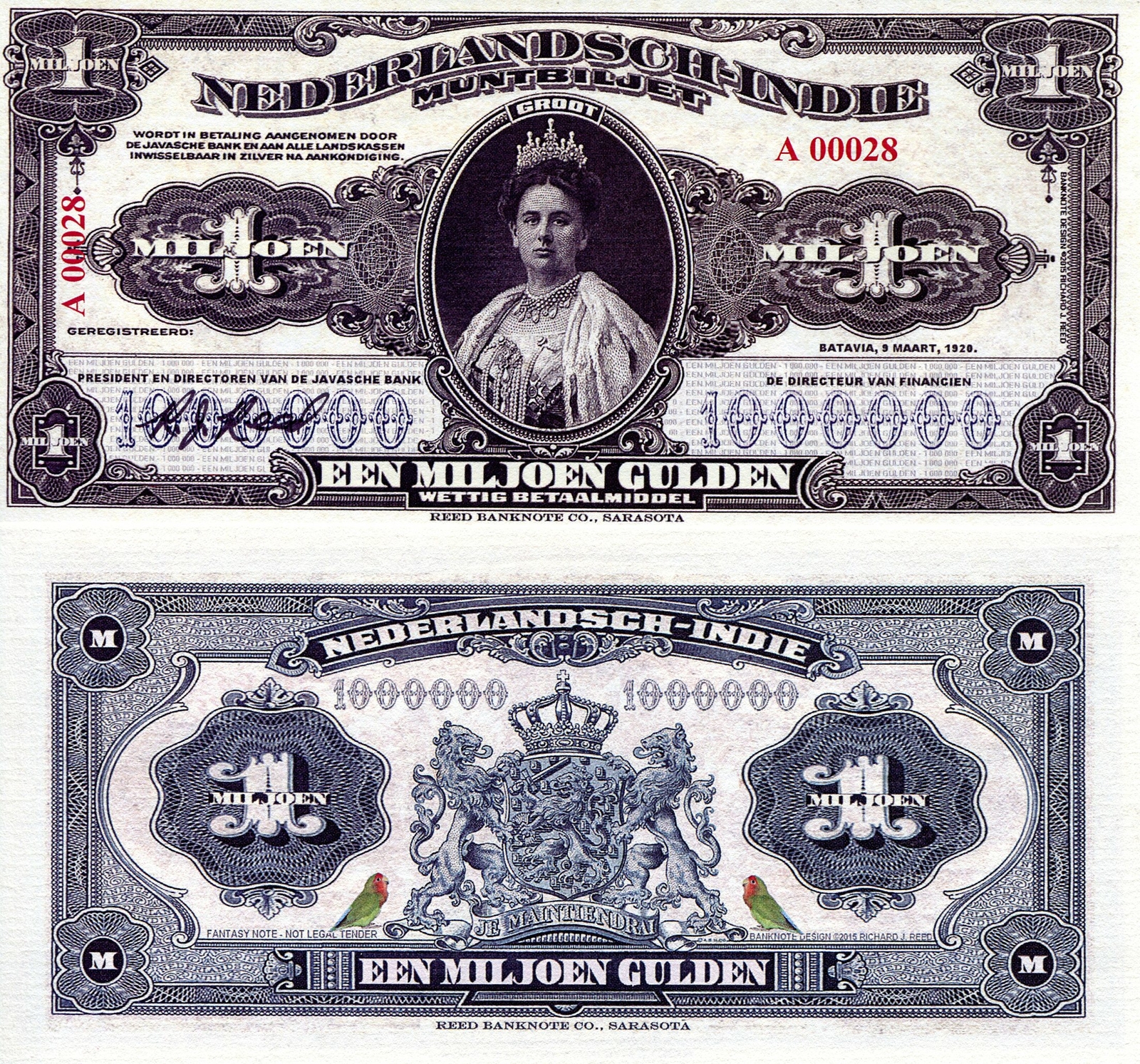 NETHERLANDS INDIES QUEEN WILHELMINA FANTASY ART NOTE 1 MILLION (1000000) GULDEN!