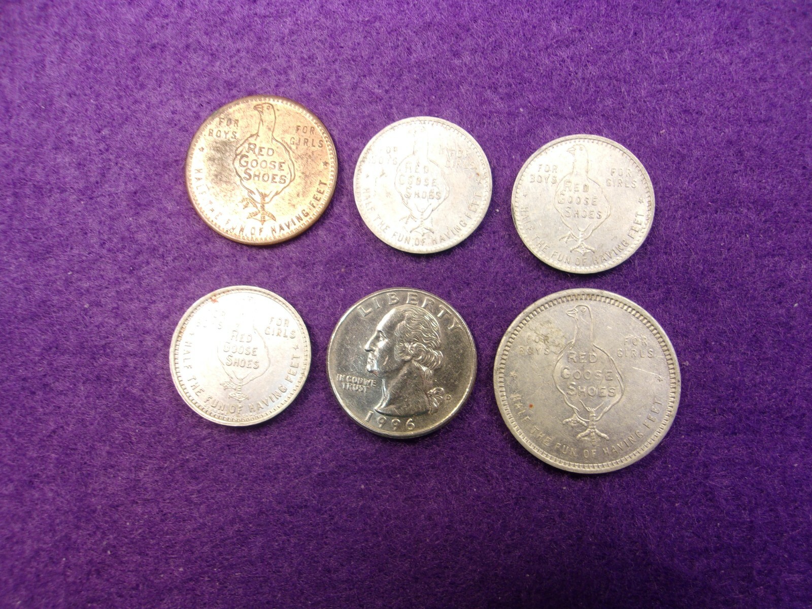 NICE LOT OF VTG ADVERTISING TOKENS, ALUMINUM & COPPER "RED GOOSE SHOES" 25c - $5