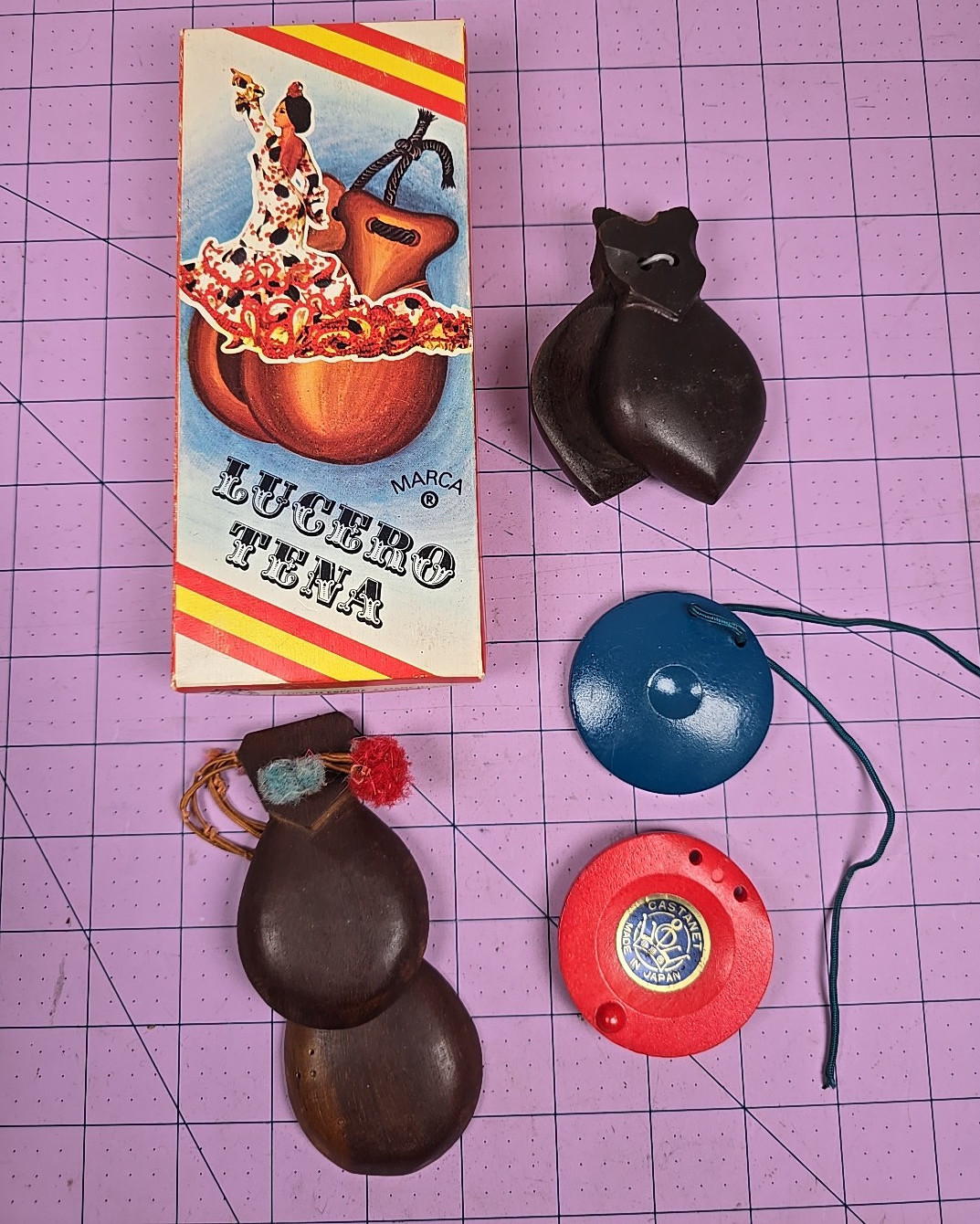 Vintage Set of Lucero Tena Carved Wooden Castanets w/Box Made in Spain + others