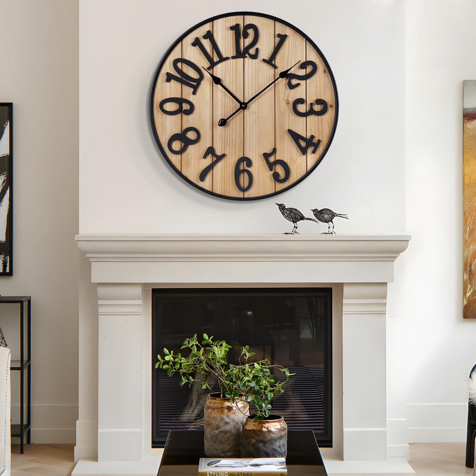 Large Wall Clock 30IN, Silent Metal Wood Style Wall Clocks Battery Operated f...