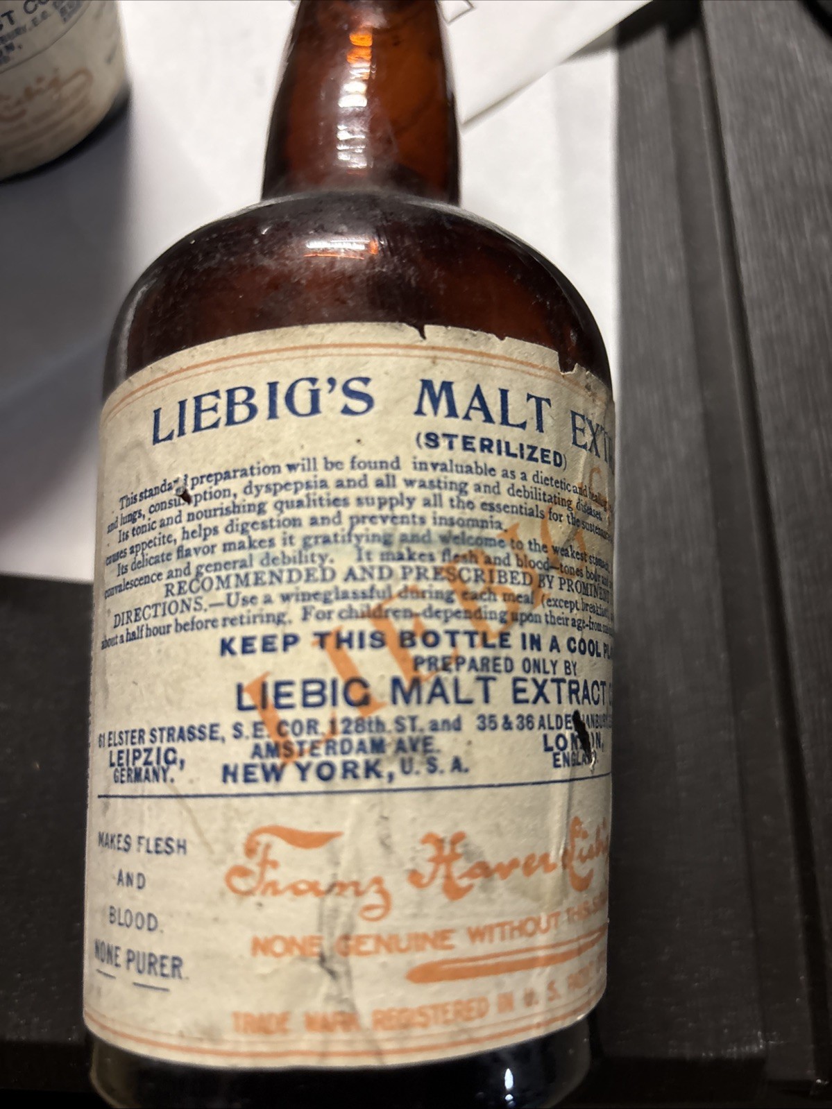 2  1890's Liebig's Malt Extract  Bottles With Original Labels Ex