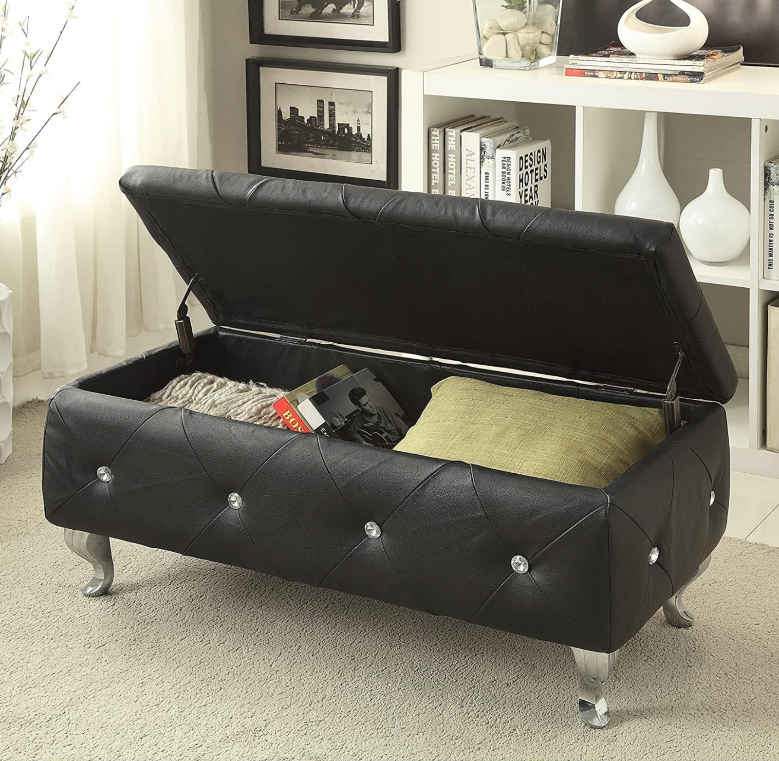 Banco Almacenaje Cuero Sintético Negro Black Faux Leather Storage Ottoman Bench