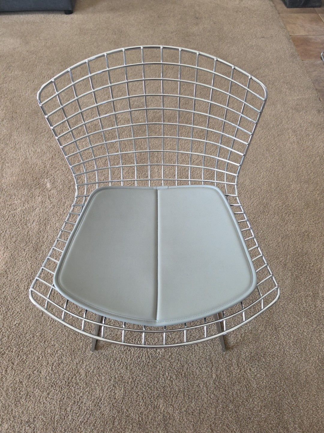 Vintage Harry Bertoia Chrome Side Dining Chair MCM & Grey Leather Pad KNOLL