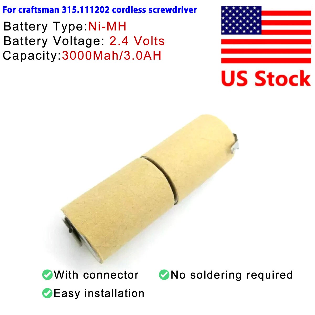 Battery Pack for craftsman 315.111202 cordless screw driver 3000mAh 2.4V NIMH