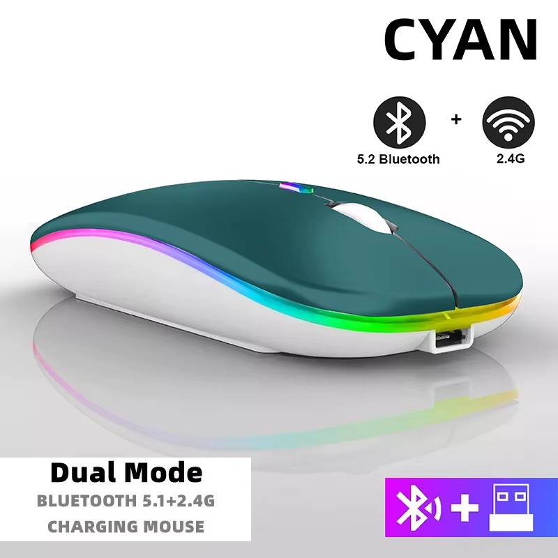 Cyan Mouse RGB Rechargeable Wireless Bluetooth for iPad Laptop PC Phone 2.4G