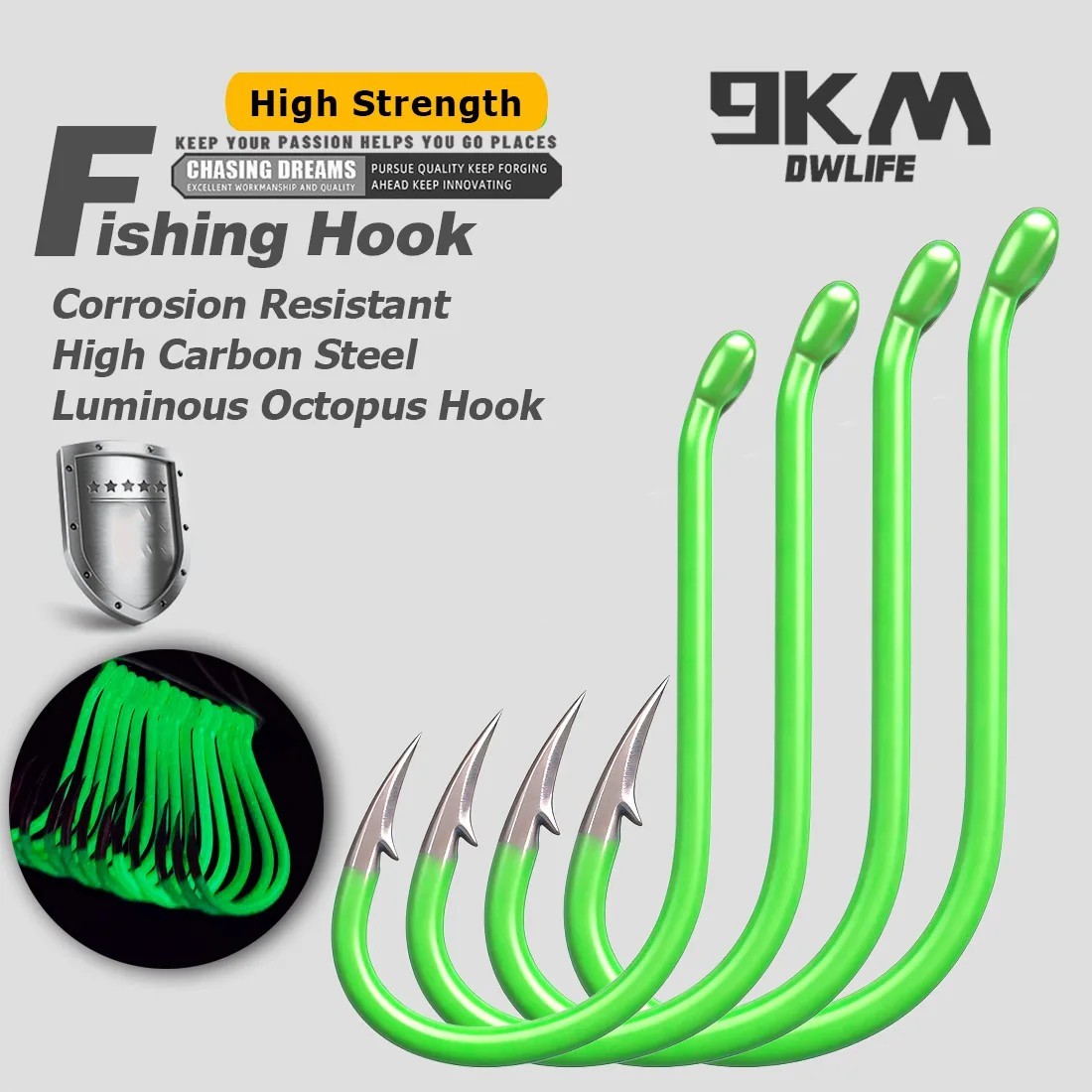 50~100Pcs Fishing Octopus Hooks Luminous Hook Offset Heavy Duty Live Bait Hooks