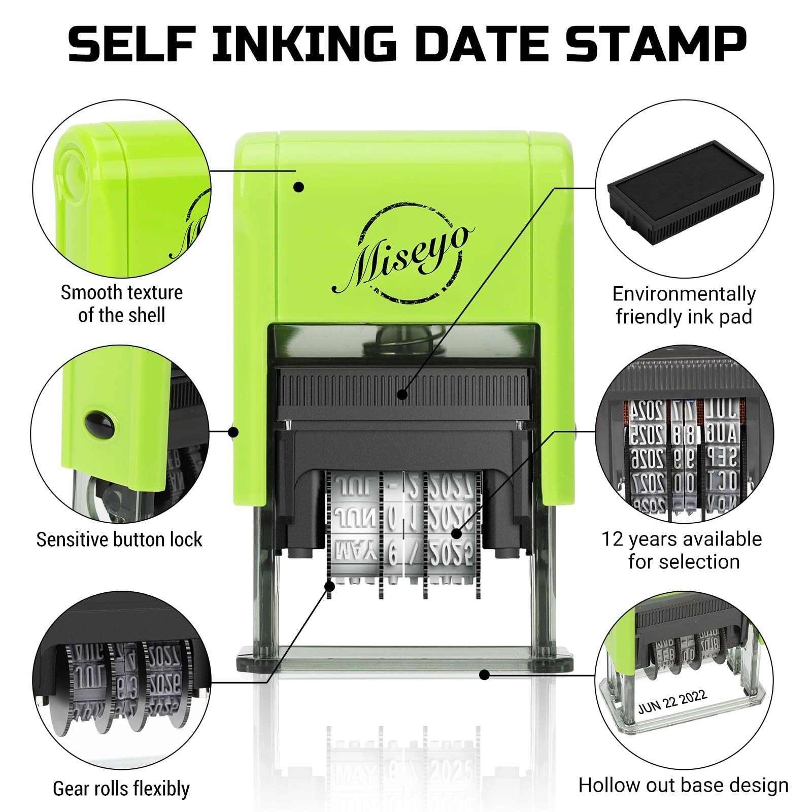Self Inking Date Stamp - Green (2 Black Refill Ink pad Included)