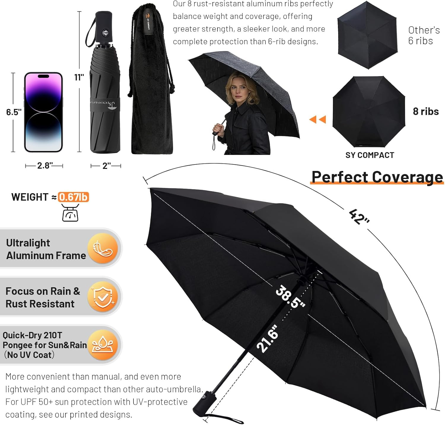Travel Umbrella Windproof Automatic Umbrellas Small Compact UV Sun Protection Fa