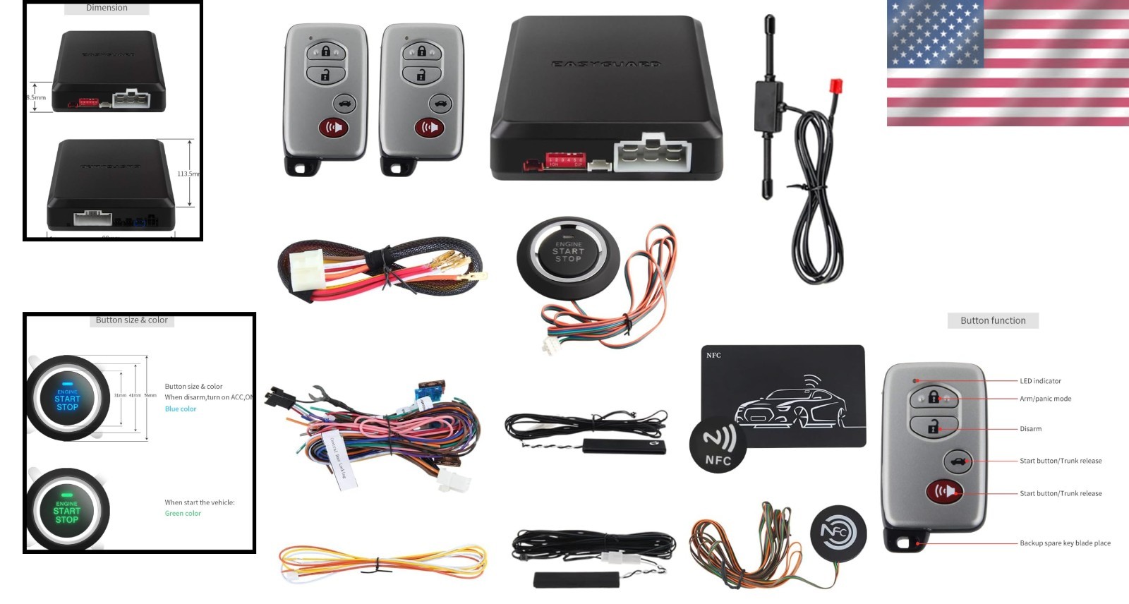 EC002-T Smart Key PKE Car Alarm System with Remote Start & Push Button Access
