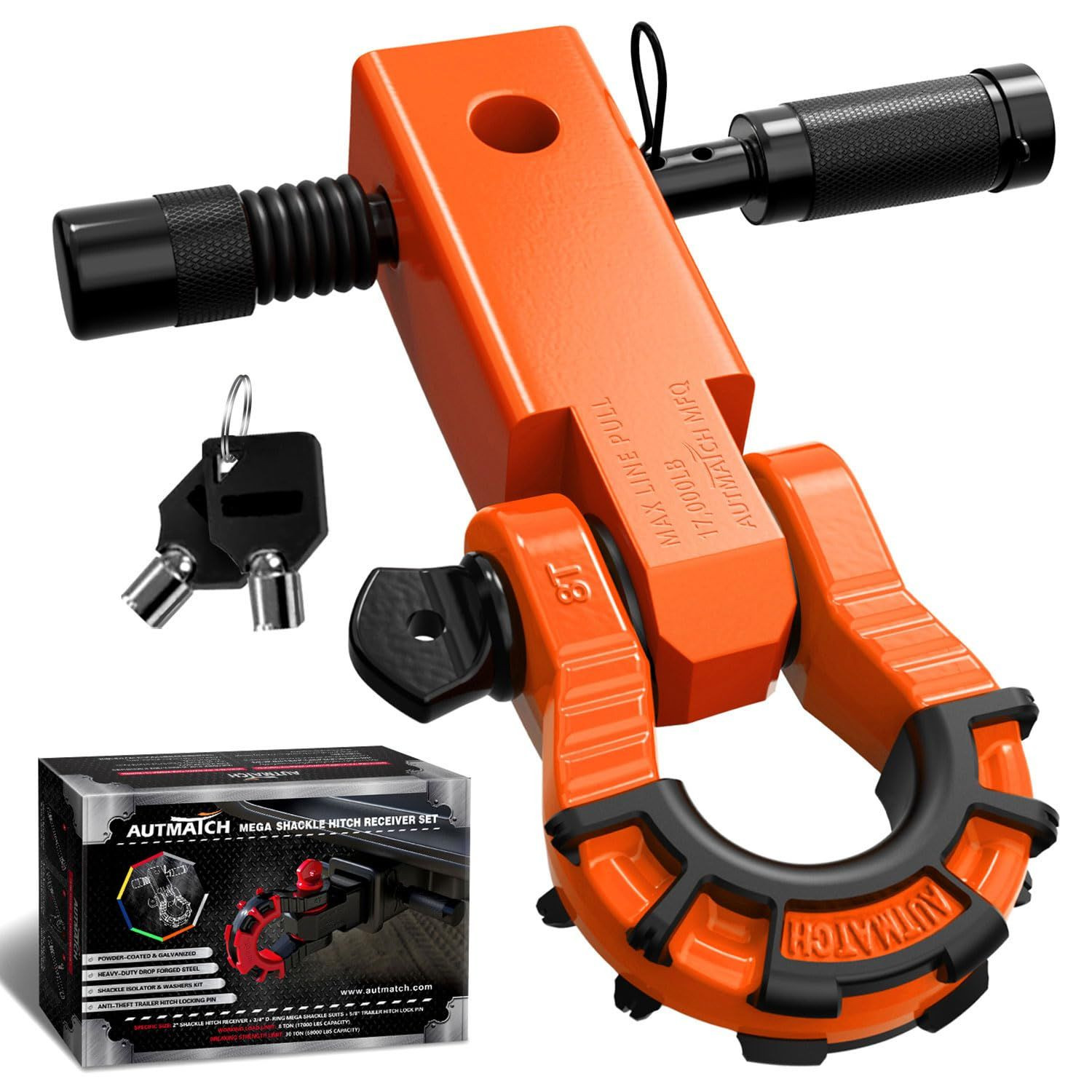 AUTMATCH Shackle Hitch Mega Receiver & Lock Pin, Orange