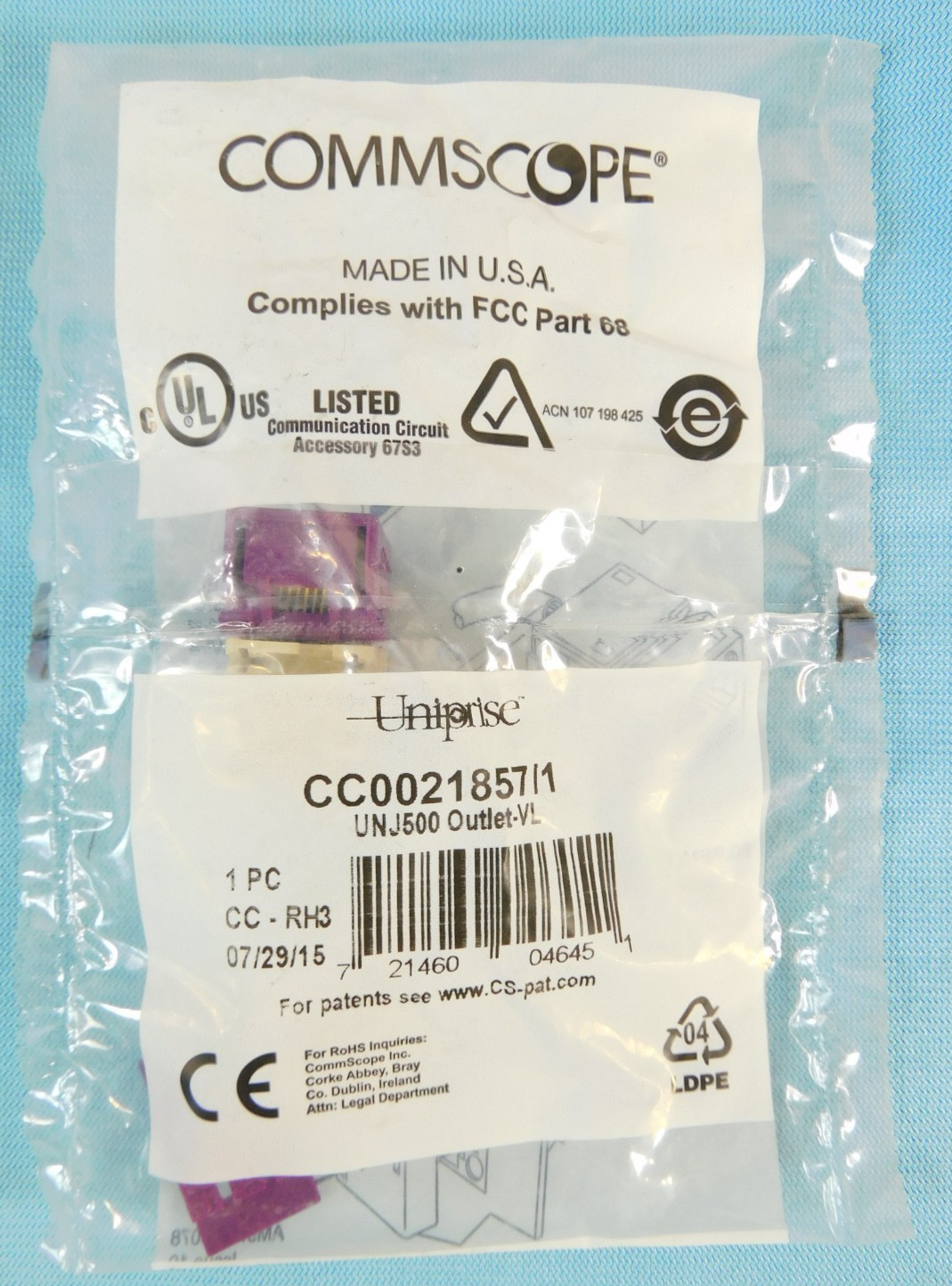 CC0021857/1 UNJ500-VL Commscope Uniprise Category 5e Jack - Violet