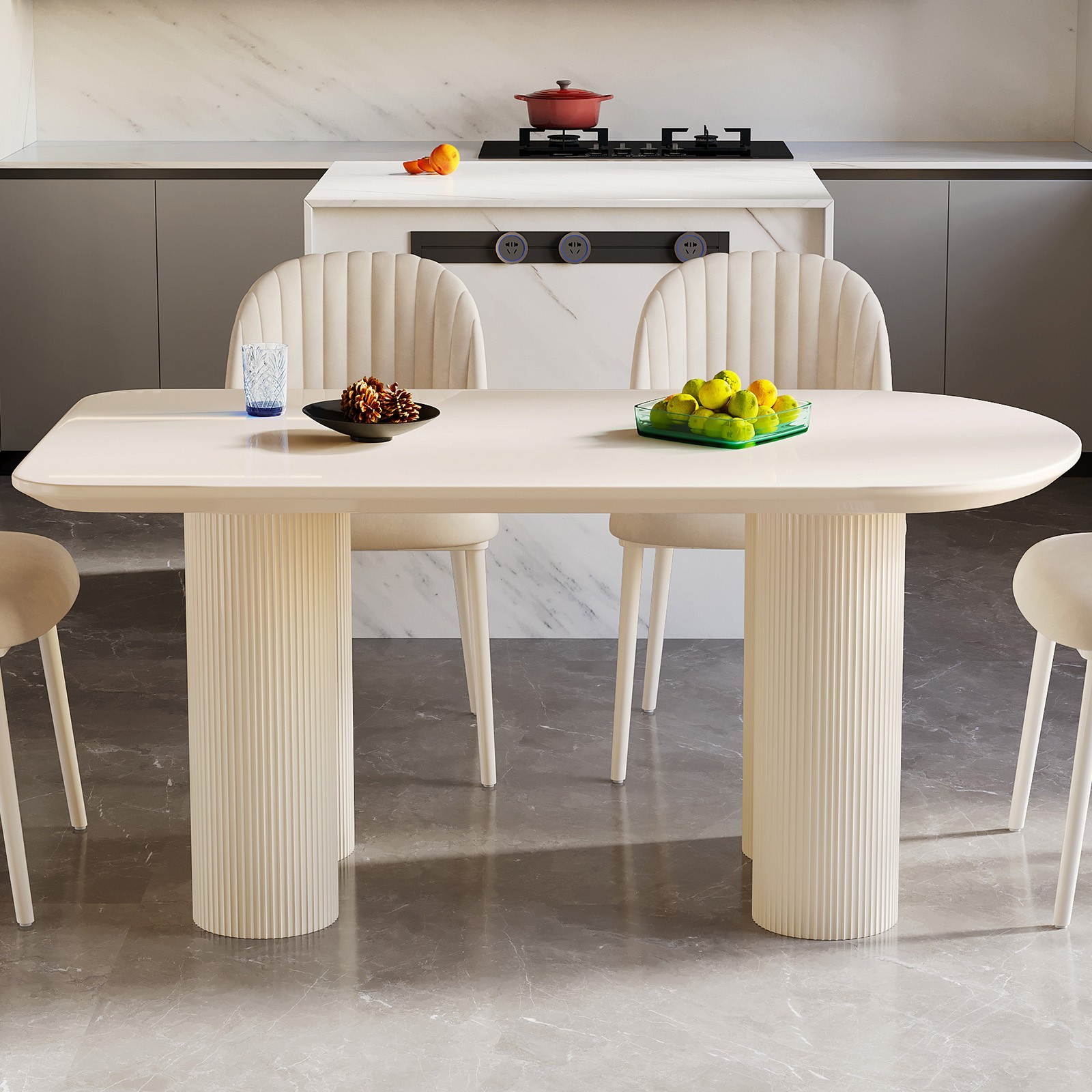 54" Cream White Dining Table for 4-6 Modern Kitchen Table Oval Dining Room Table