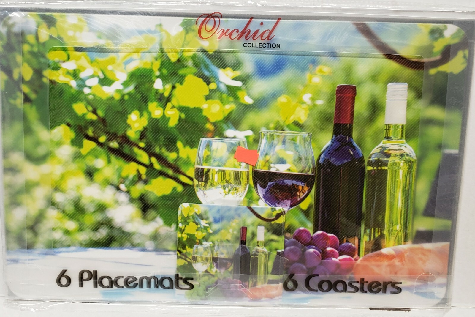12 pc 3D Thin Plastic Set: 6 PLACEMATS & 6 COASTERS, WINE & GRAPES, Mirtex