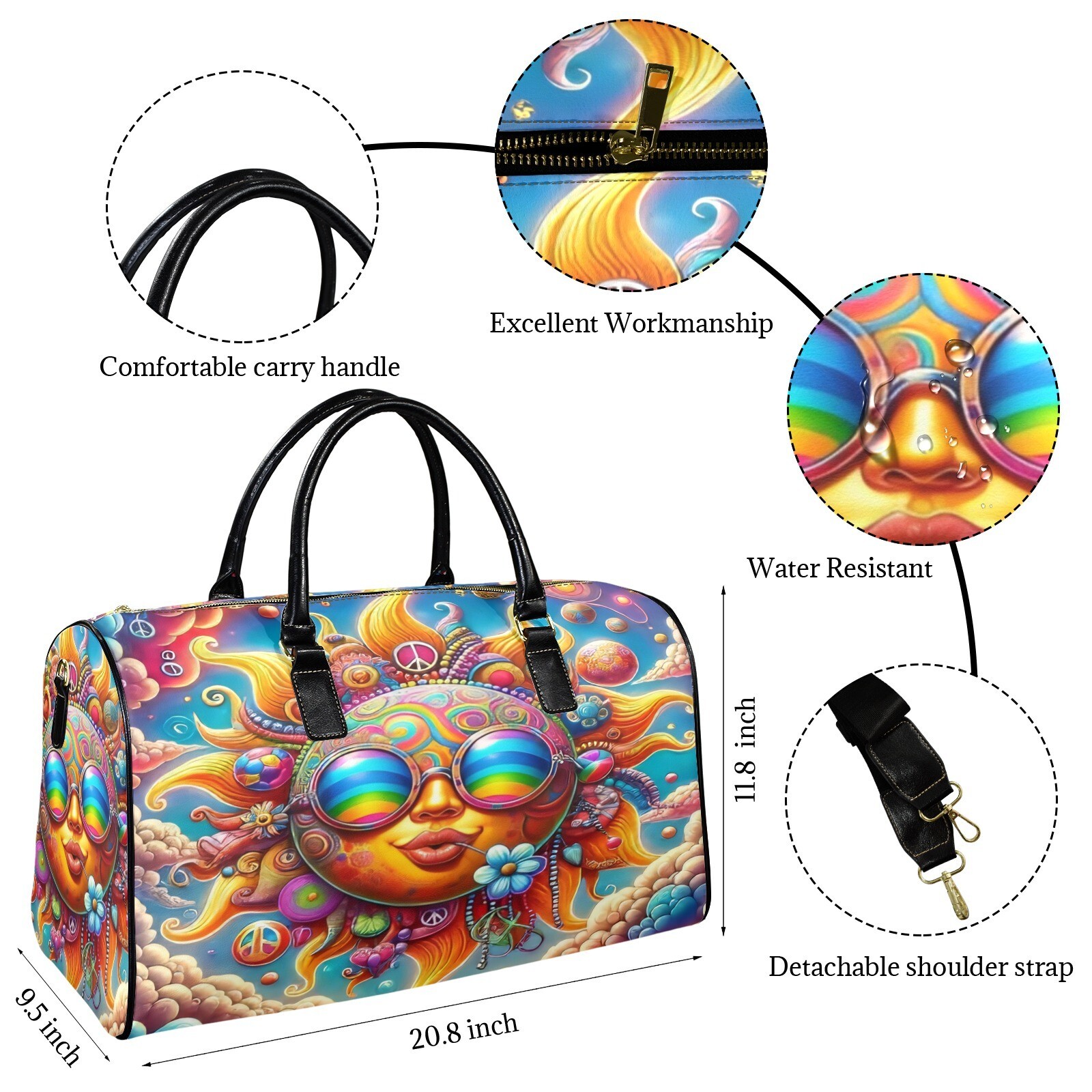 large leather travel bag. Peace flower power