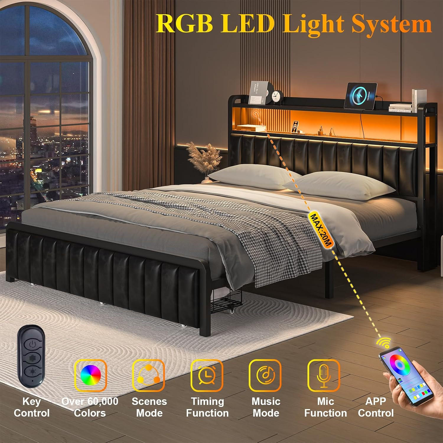 Queen Size Bed Frame and Upholstered Storage Headboard, LED Light, Black | Built