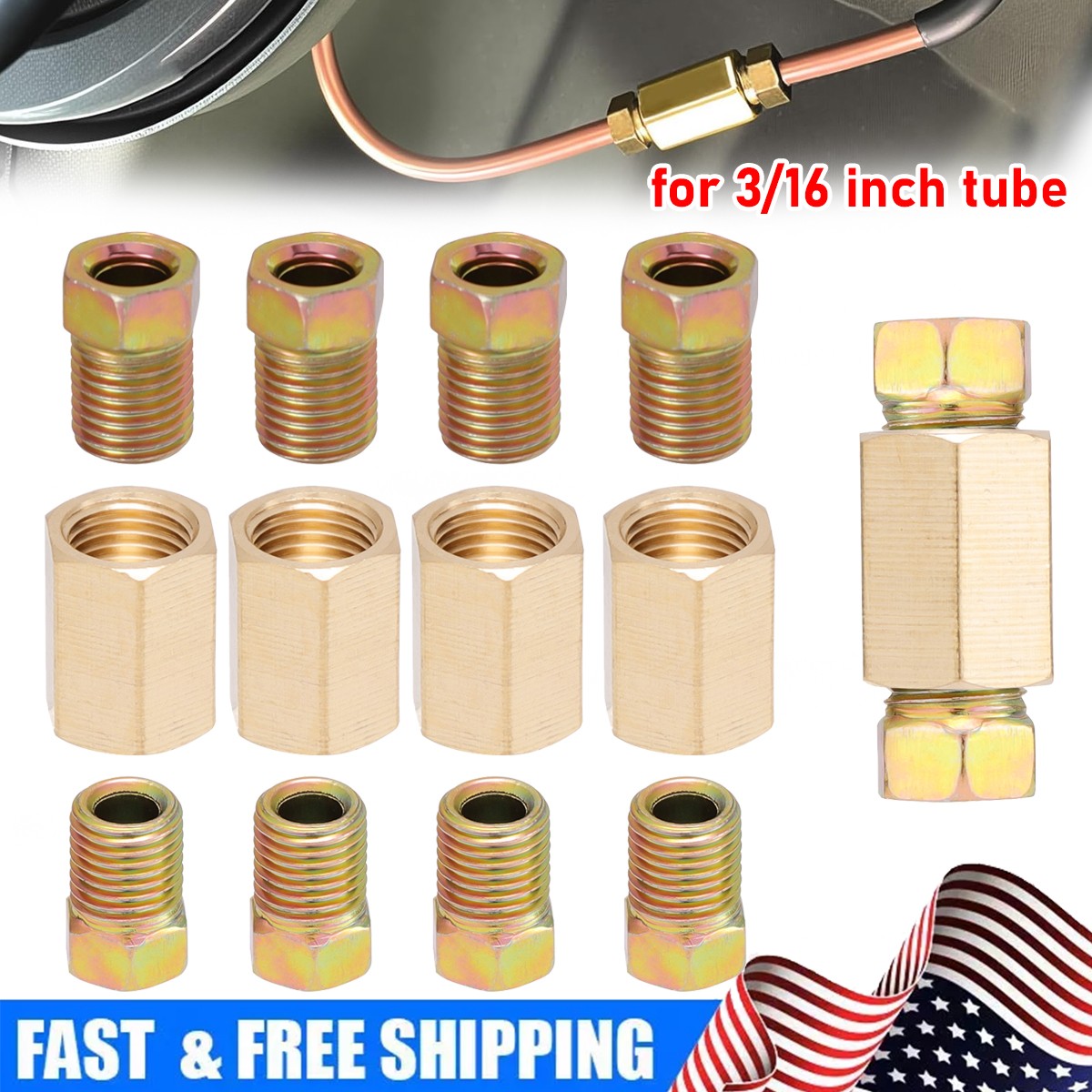 12PCS For 3/16" Tube Brake Line Fittings & Brass Unions Nuts Kit Car Accessories