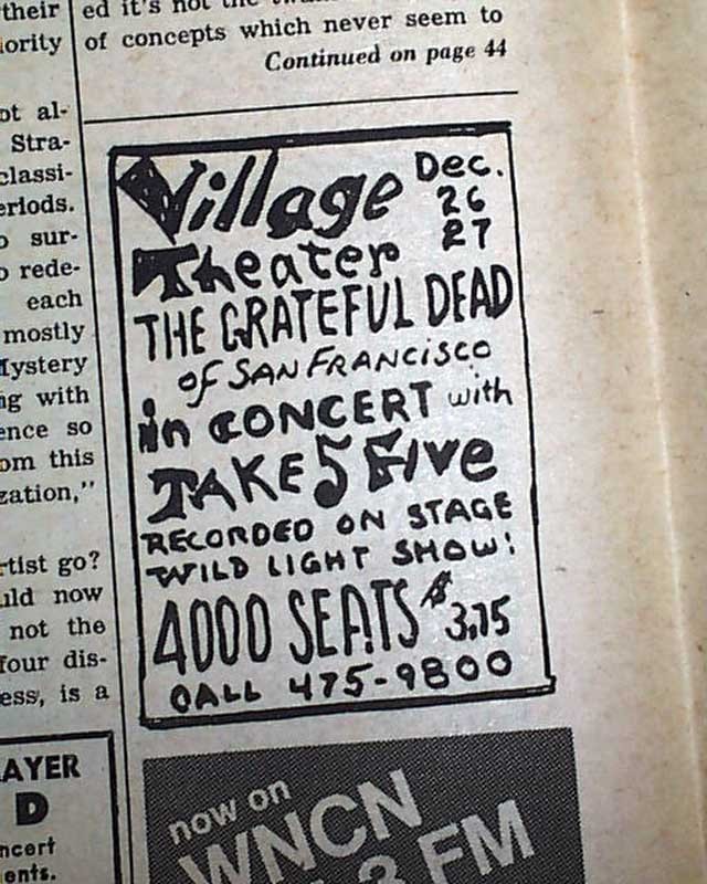 Early GRATEFUL DEAD Band Gig Ad & Andy Warhol "Index Book" Party 1967 Newspaper