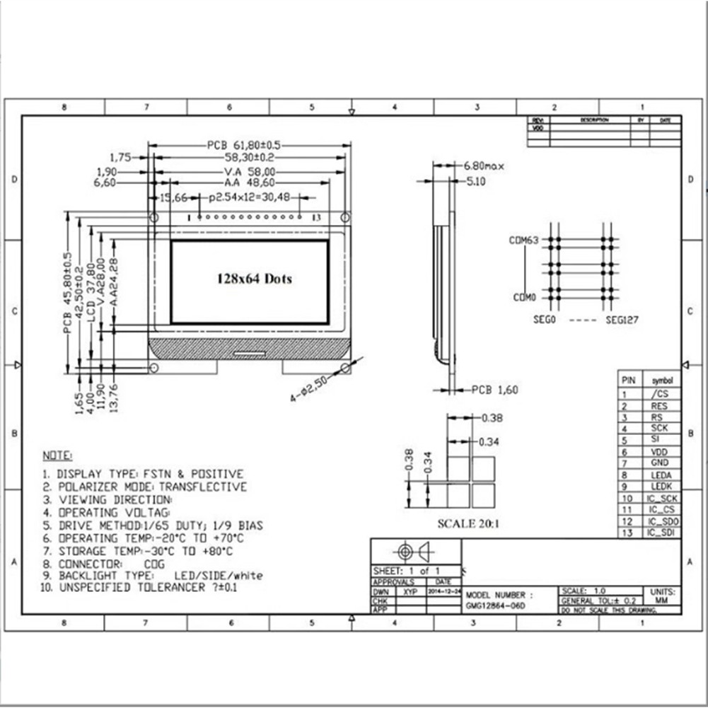 LCD12864-06D Module 128x 64 DOTS COG LCD Module ST7565 Driver Module Grey W6M9