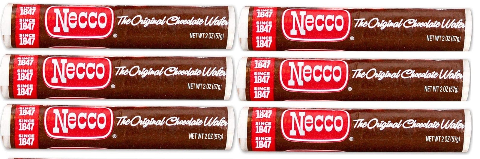 Necco Wafers Original Chocolate Flavored Hard Candy Rolls 2 Ounce (Pack of 6)