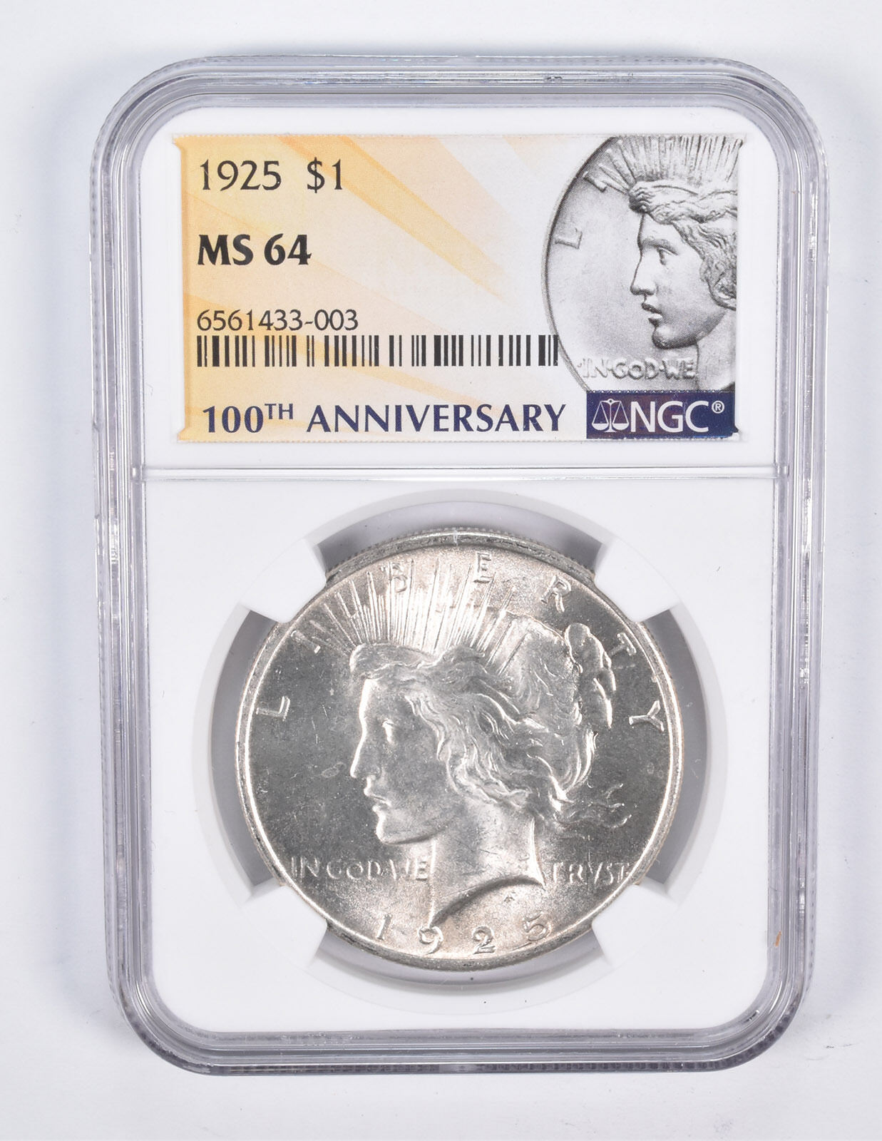 1925 Peace Silver Dollar $1 MS64 NGC 100th Anniversary Lbl
