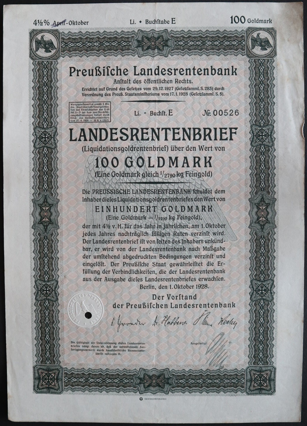 100 Goldmark 1928 - Series: 00526 - Germany Loan Bond -  "Y75