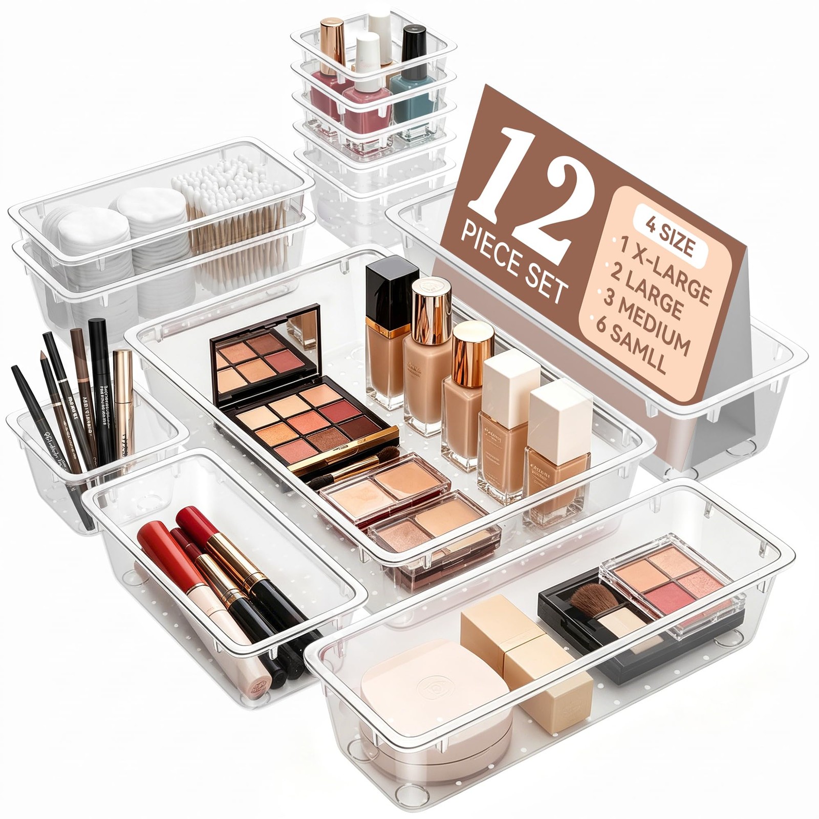 ElegantArray 12 PCS Drawer Organizer Set, 4 Sizes Tool Storage 12 Pcs, Milky