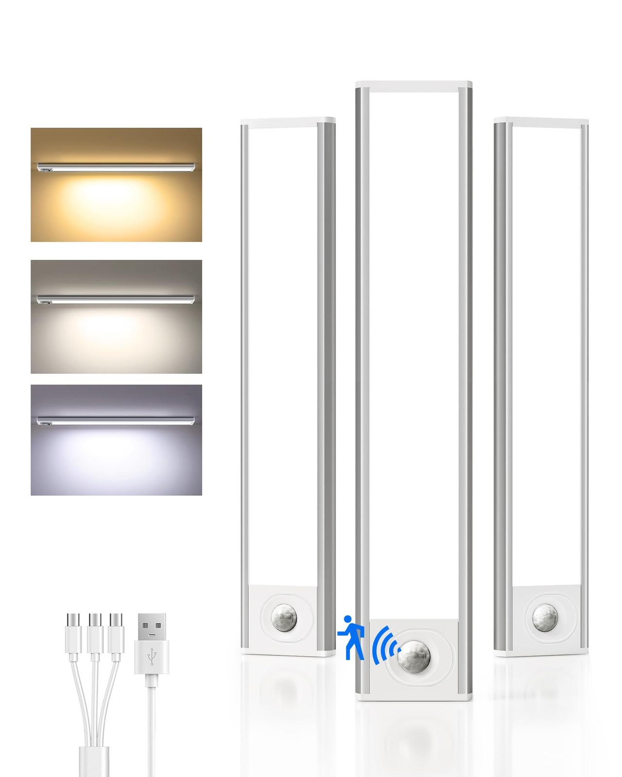 8inch Under Cabinet Lighting Wireless, 3-Pack Rechargeable Battery Motion Sen...