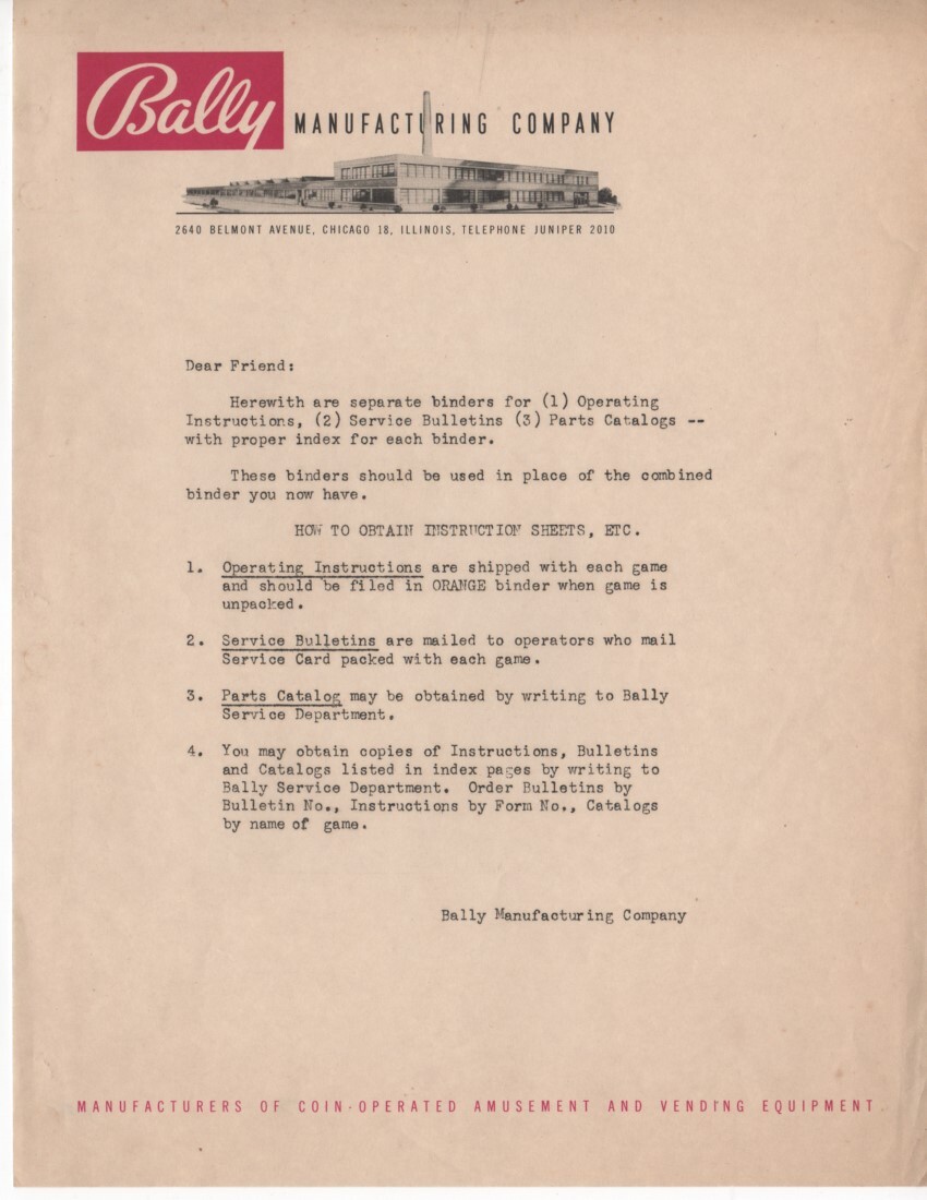 1949 Bally Folder: Operating Instructions (plus 3 inserted sheets)