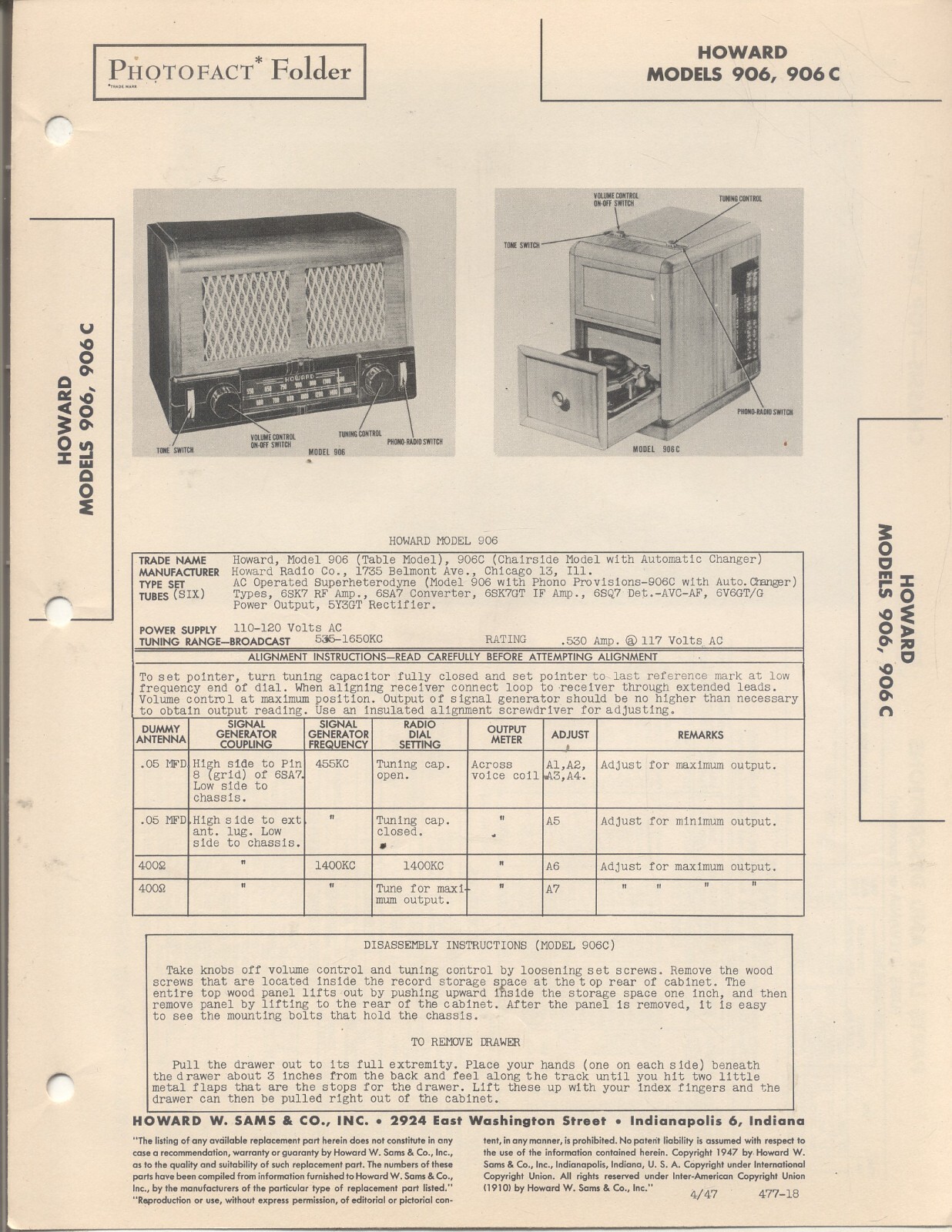 HOWARD Models 906, 906C, Sams Photofact 1947, 4 pages, New Old Stock