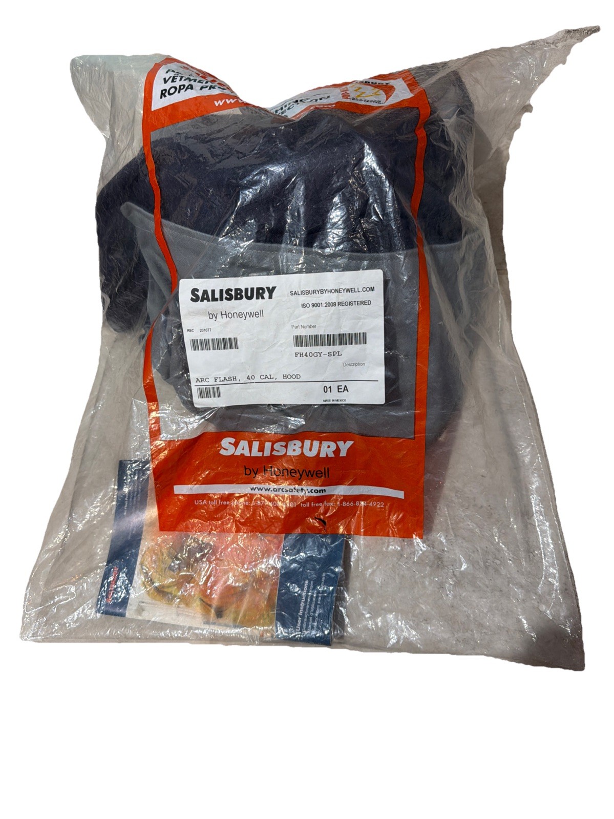 SALISBURY ARC FLASH PROTECTION HOOD FH40GY, 40CAL/CM2, UNIVERSAL SIZE, 18" L