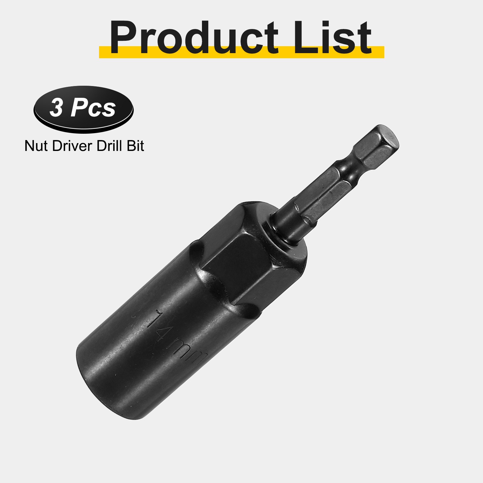 3pcs Nut Driver Drill Bit 14mm Socket 1/4" Hex Shank 3.15" Long Setter Black
