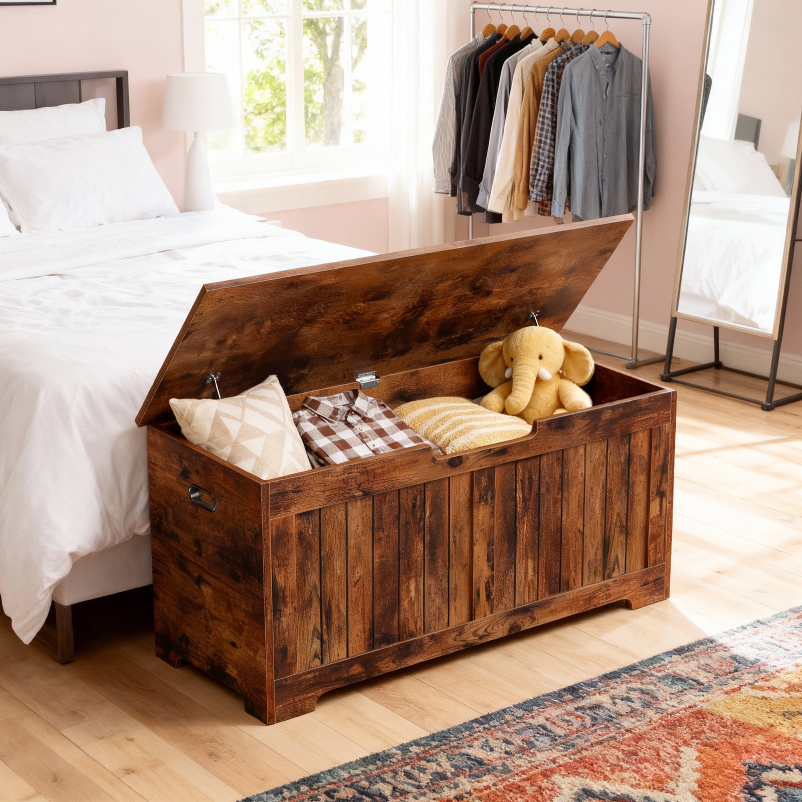 Storage Chest Storage Bench with Safety Hinge White for Playroom Rustic Brown