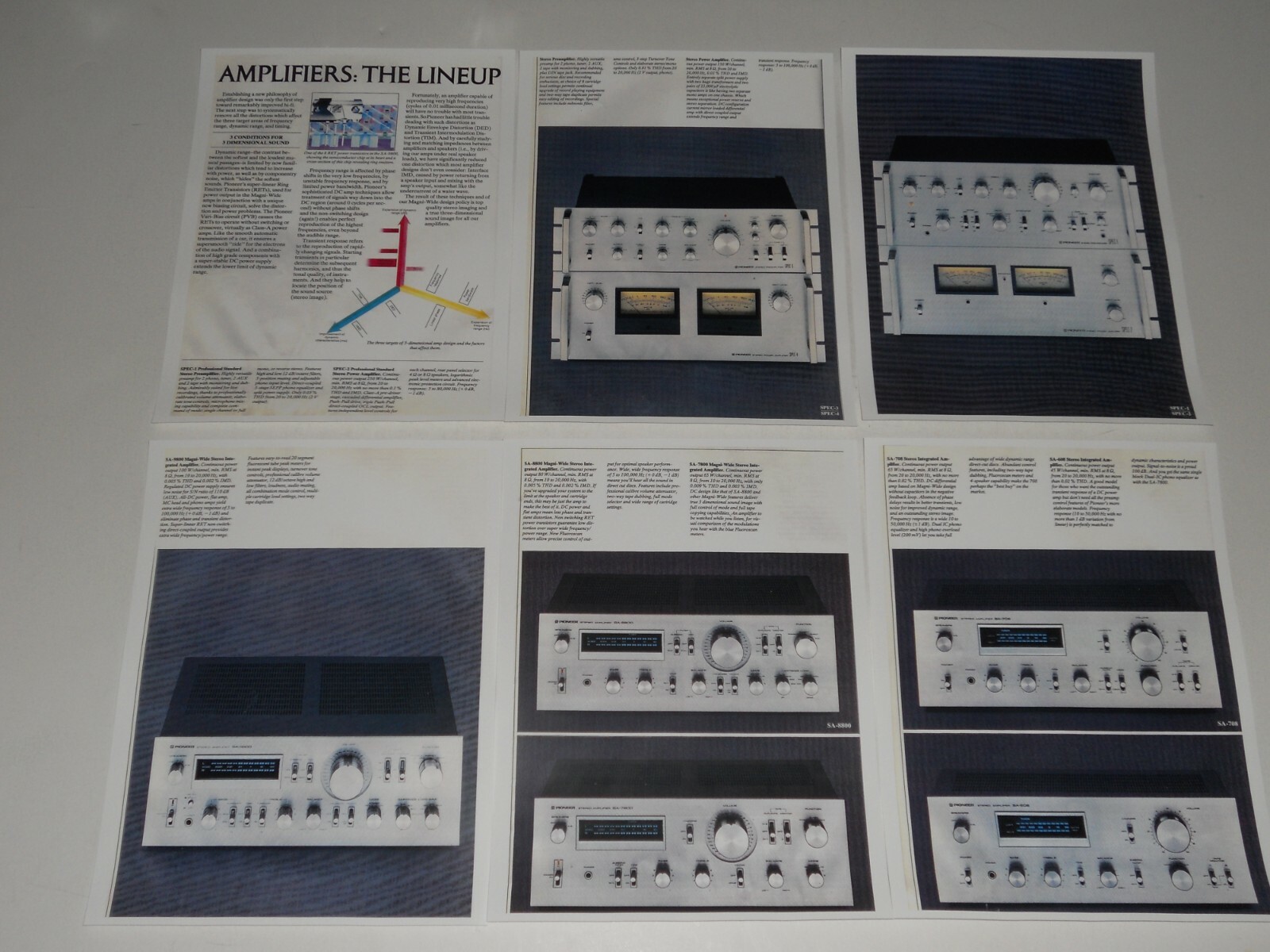 Pioneer Amplifier SPEC 1,2,3,4 Brochure SA-9800 '80 6 pg+Specs, Info, Articles