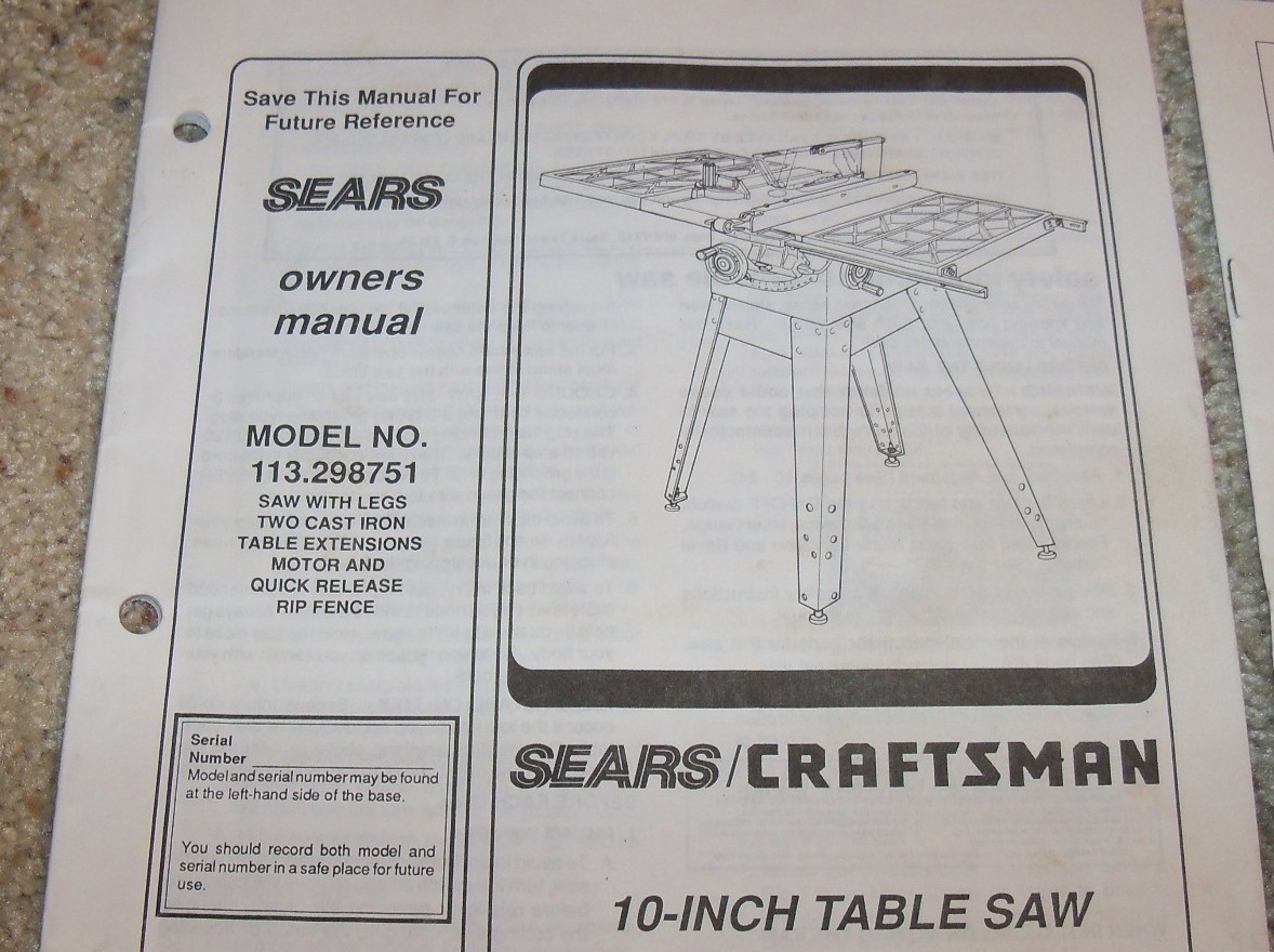 Craftsman 113 Table Saw Owner's Operator's Manual 113.298751, 113.12172 Motor