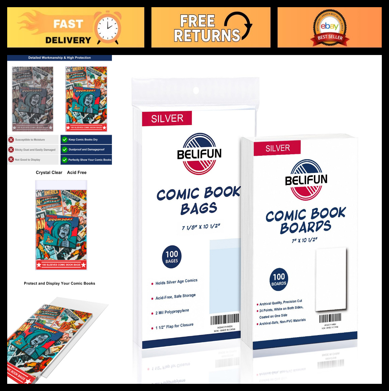 100ct Comic Book Bags & Boards - Clear Storage Protectors, 1.5" Flap, Reusable